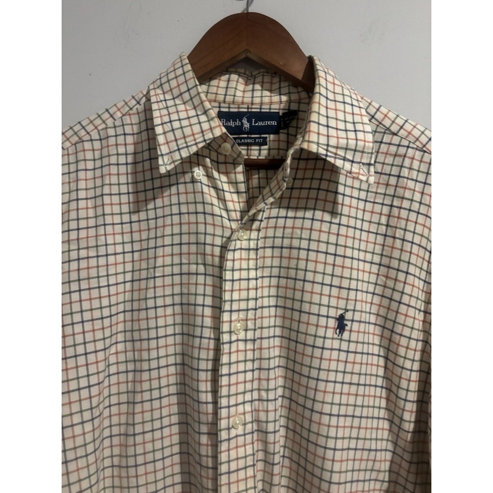 Vintage Polo Ralph Lauren Men's Custom Fit Plaid Shirt Large Beige Long Sleeve - Picture 2 of 7